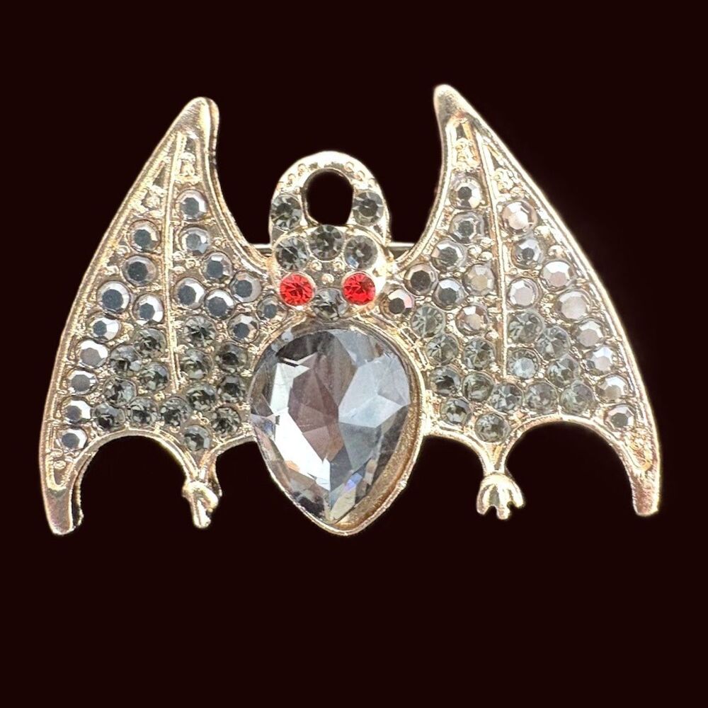 Halloween Bat Brooch Pin Gray Rhinestone Crystal Gold Tone Spooky Jewelry